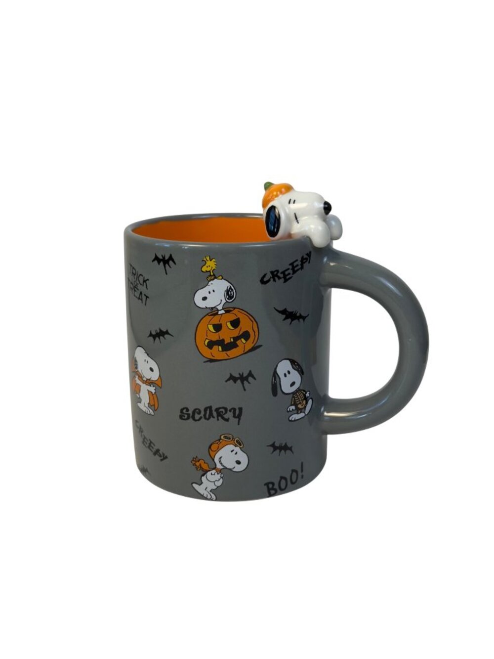 Peanuts Halloween Snoopy & Woodstock Ceramic Mug 20 Oz Gray With Orange Interior